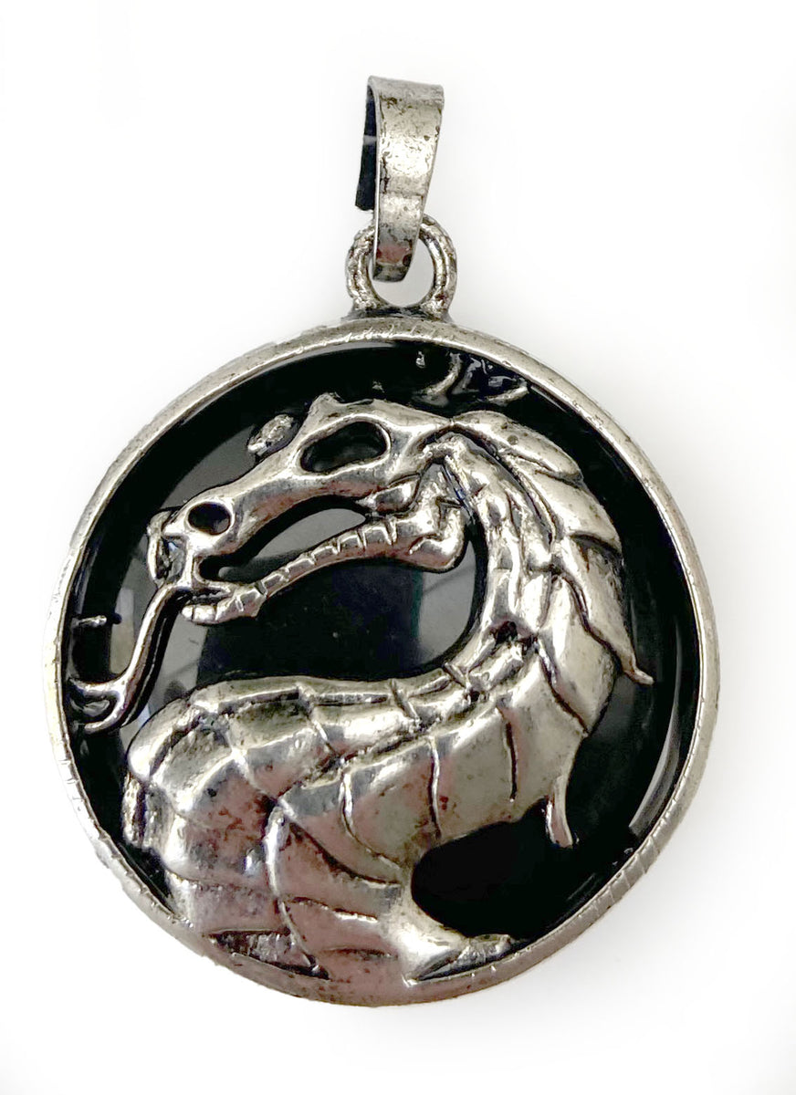 Collier pendentif Dragon en Acier inox. - Stainless Steel avec oeil en lave volcanique + corde