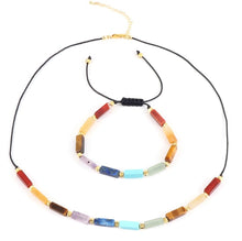 Charger l'image dans la galerie, Parure Bracelet + Collier 7 Chakras Pierres Naturelles Tubes Plaqué Or 18K - F1467 -