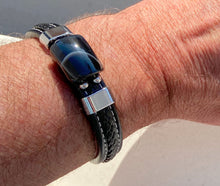 Charger l'image dans la galerie, Bracelet d'Equilibre Homme en Cuir et Agate Noire Rayée