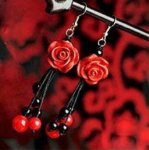 Charger l'image dans la galerie, Boucles d'Oreille Roses Cinabre et Onyx - B1039 -