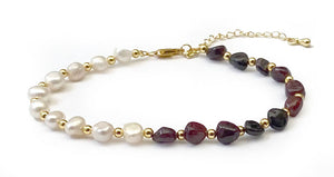 Bracelet d'Equilibre Vital Perles d'Eau douce et Pierres Naturelles Grenat - A1356 -