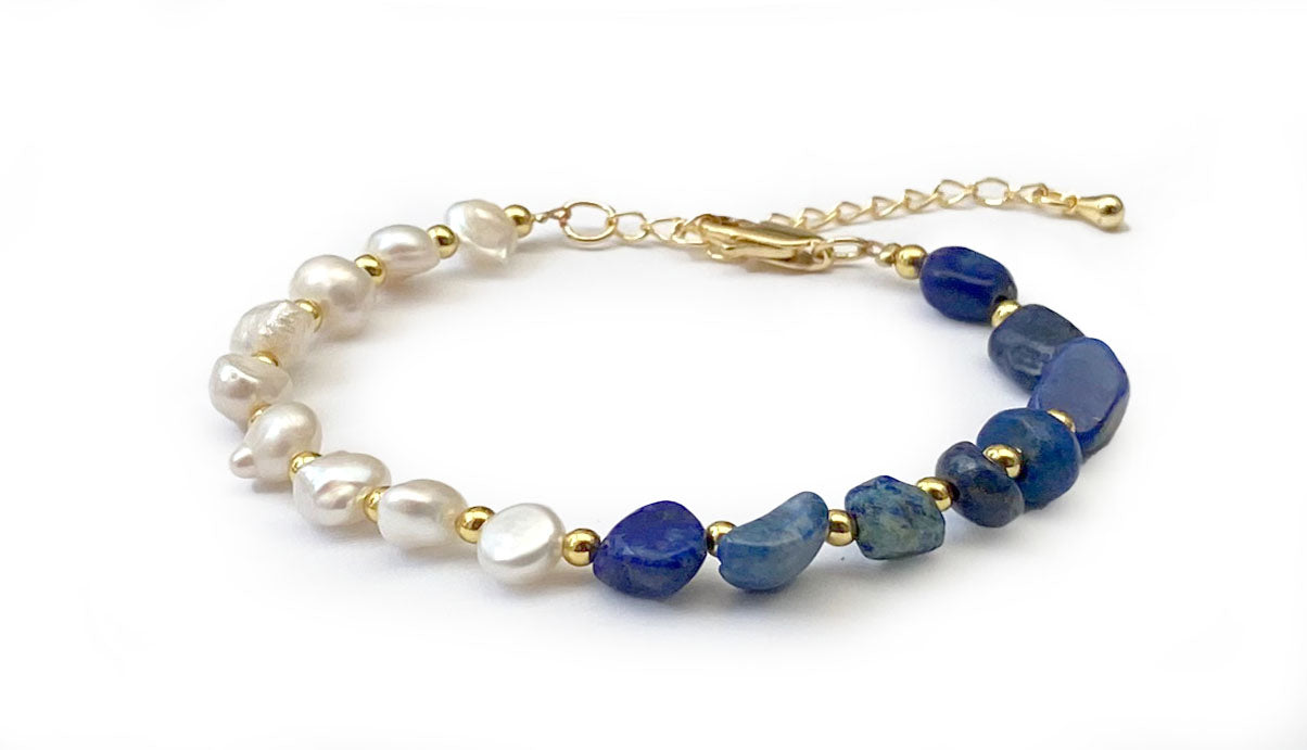 Bracelet d'équilibre vital perles d'eau douce et pierres naturelles Lapis Lazuli - A1359