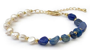 Parure Collier + Bracelet  d'Equilibre Vital Perles d'Eau Douce et Pierres Naturelles Lapis Lazuli - F1474 -