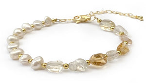 Parure Collier + Bracelet  d'Equilibre Vital Perles d'Eau Douce et Pierres Naturelles Citrine - F1473 -