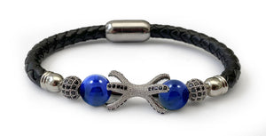 Bracelet Octopus Oeil de Tigre Bleu et Cuir Tressé