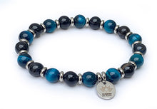 Charger l'image dans la galerie, Bracelet SERENITE MAJESTUEUSE En Oeil de Tigre Bleu Royal et Agate Noire Rayée - A1624 -
