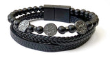 Bracelet 3 en 1 Cuir avec perles en Obsidienne et Arbres de Vie - A1967 -