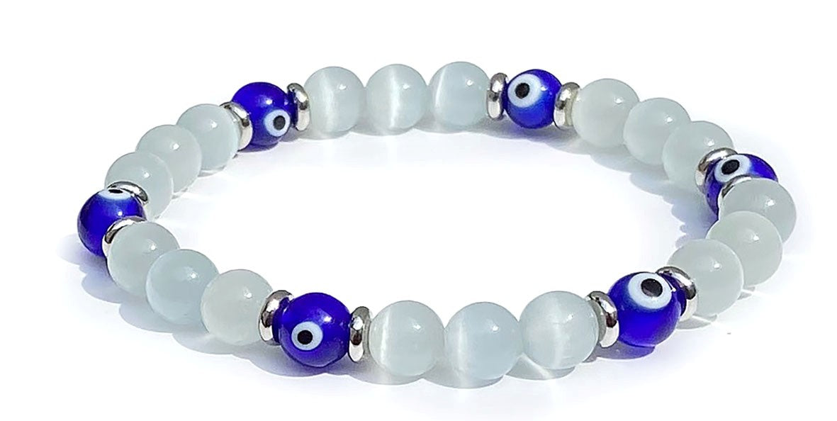 Bracelet OEil Bleu de Nazar et OEil de chat Blanc - A1906 -