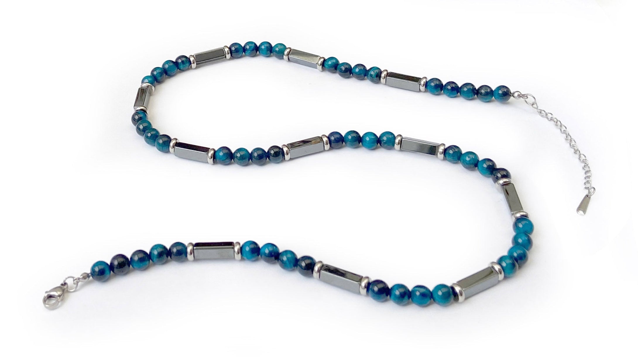 Collier Oeil de tigre Bleu Royal et Hématite - C1818 -