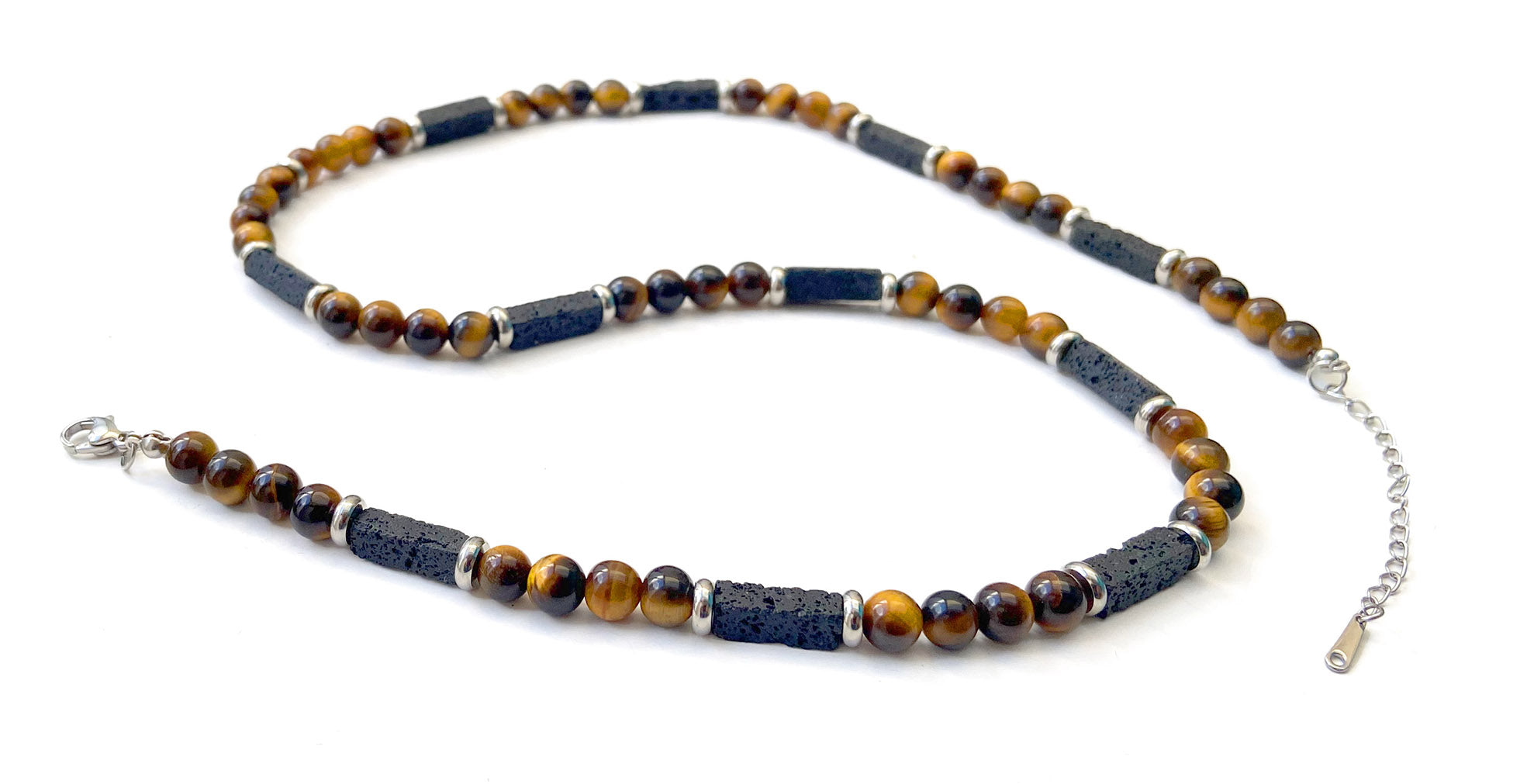 Collier Oeil de tigre marron et Pierres de lave - C1818 -
