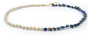 Parure Collier + Bracelet  d'Equilibre Vital Perles d'Eau Douce et Pierres Naturelles Lapis Lazuli - F1474 -