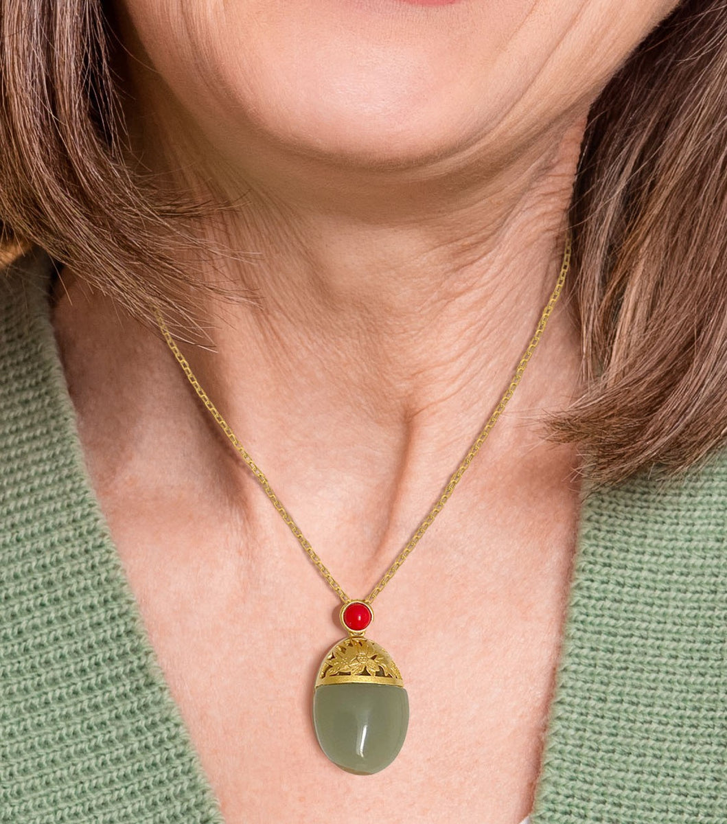 Collier-pendentif Broche Doré Avec Jade Vert Et Perle Blanche - Style Art Nouveau - Référence SB38 - Neuf