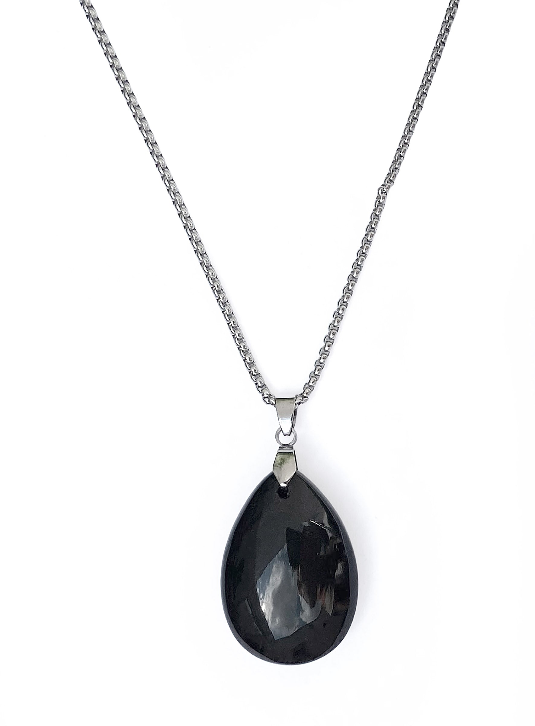 Pendentif en Obsidienne Noire - Acier Inoxydable argenté- D1917 -
