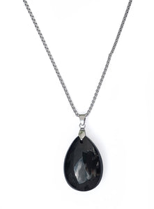Pendentif en Obsidienne Noire - Acier Inoxydable argenté- D1917 -