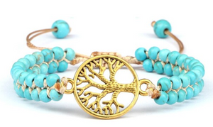 Bracelet Perles double rang avec Arbre de Vie Doré - Proposé en 3 Couleurs de perles -