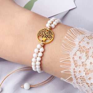 Bracelet Perles double rang avec Arbre de Vie Doré - Proposé en 3 Couleurs de perles -