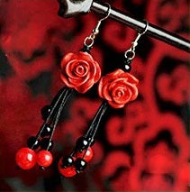 Boucles d'Oreille Roses Cinabre et Onyx - B1039 -