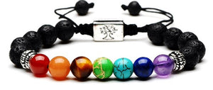 Bracelet 7 Chakras avec Arbre de VIE en PIERRE DE LAVE NOIR - A1015 -