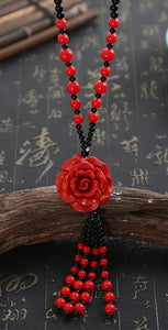 Sautoir Cinabre & Onyx Roses - E1038 -