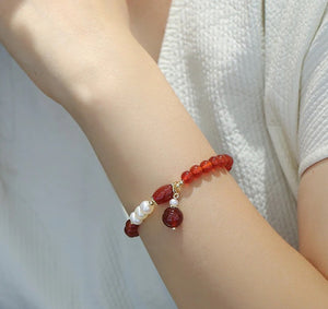 Bracelet CLOE  - Plaqué Or Agate Rouge et Perles de Culture - A1188 -