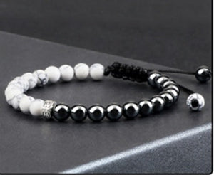 Bracelet Yin & Yang Howlite Blanc et Hématite  6 mm -  A1203 -